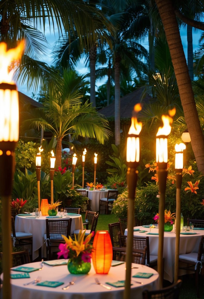 A lush garden lit by tiki torches, casting a warm glow on tables adorned with tropical flowers and colorful lanterns