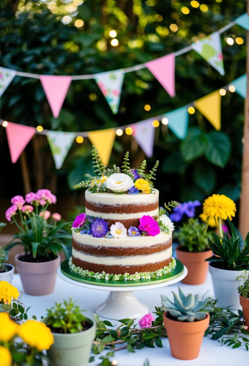 A garden-themed cake sits on a table adorned with flowers and potted plants, surrounded by colorful bunting and fairy lights