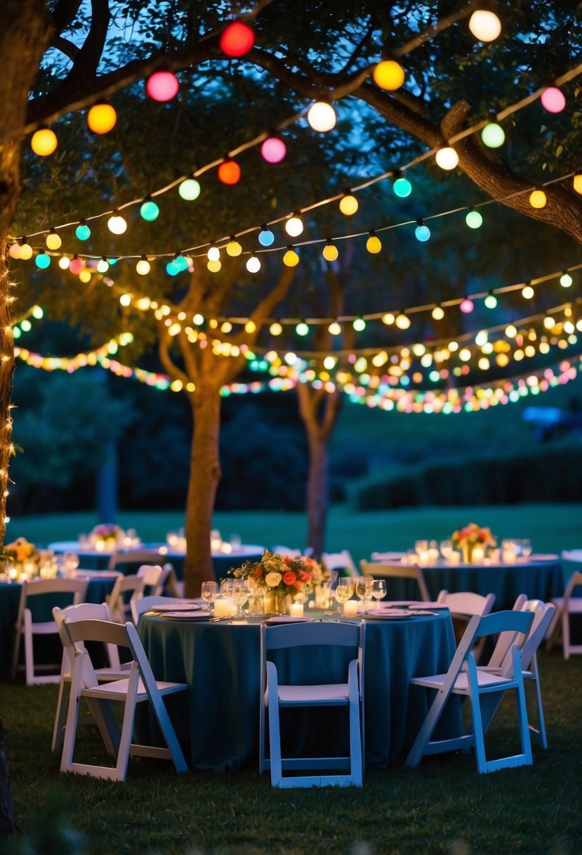 Colorful string lights hang from trees, illuminating a garden party at dusk. Tables are adorned with flowers and candles, creating a warm and inviting atmosphere