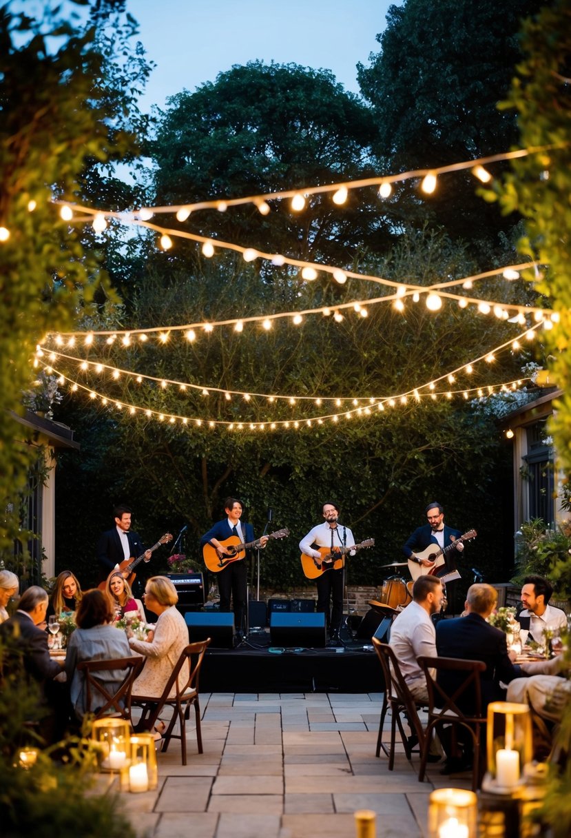 A cozy garden setting with twinkling lights, a stage with musicians playing acoustic instruments, and guests mingling and enjoying the music