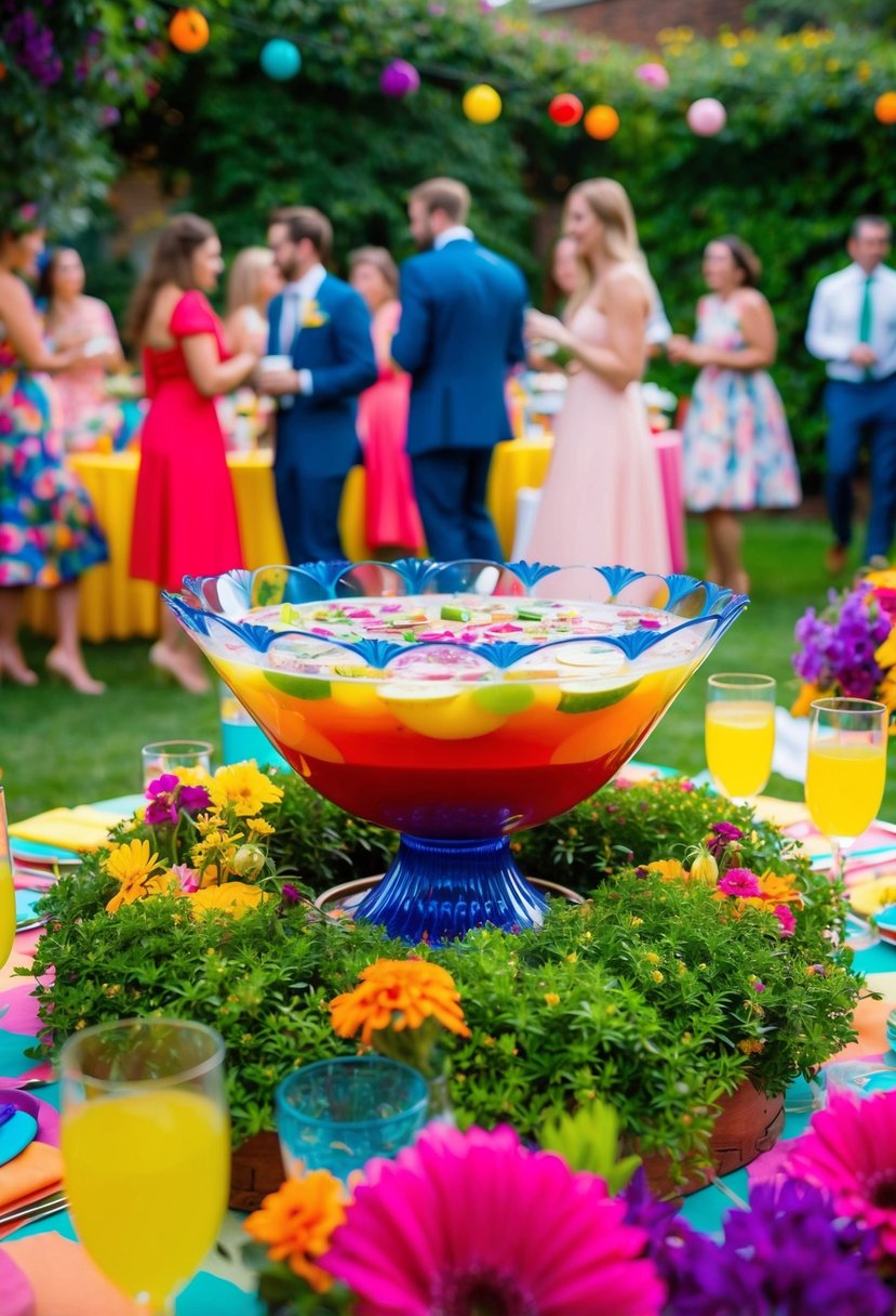 A colorful garden party with a vibrant punch bowl as the centerpiece, surrounded by lush greenery and blooming flowers. Tables adorned with festive decorations and guests mingling in the background