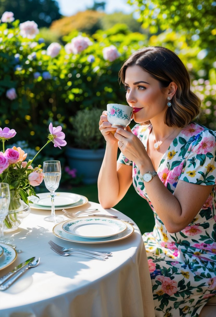 A sunny garden with blooming flowers, a table set with fine china and silverware, and a woman in a floral midi dress sipping tea