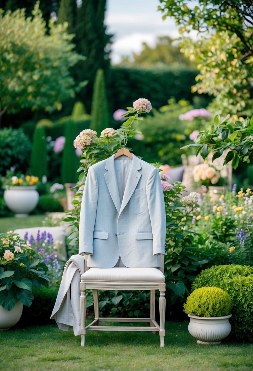 A lush garden setting with elegant outdoor furniture, where a linen blazer hangs on a chair, surrounded by blooming flowers and greenery