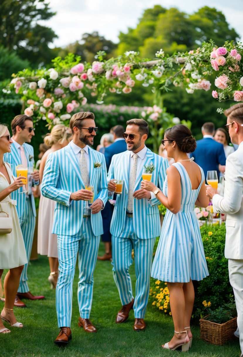 A garden party with people wearing seersucker suits, sipping drinks and mingling among blooming flowers and elegant decor