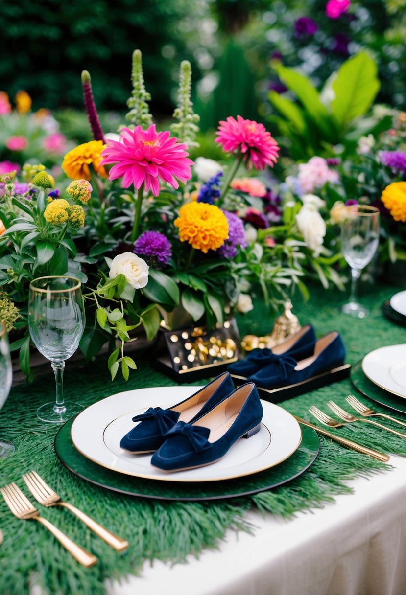 A lush garden with a mix of vibrant flowers and greenery, featuring a table set with elegant place settings and a display of stylish bow tie loafers