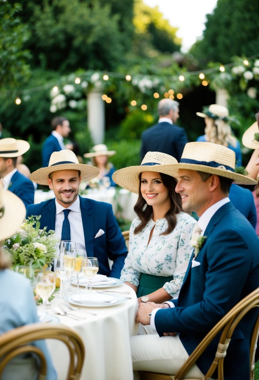 A garden party scene with people in semi-formal attire, wearing wide-brim straw hats, surrounded by lush greenery and elegant decor