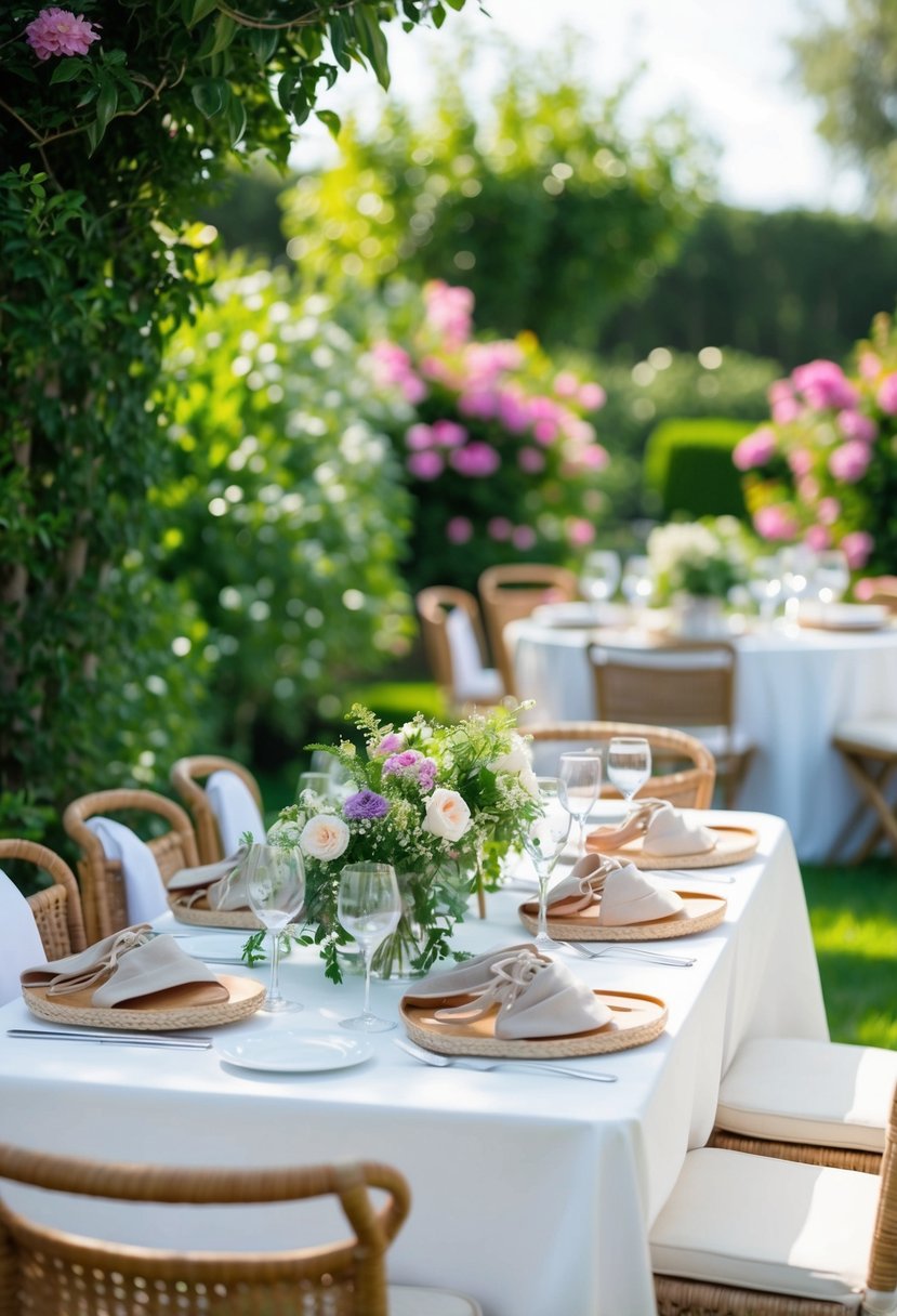 A garden party scene with a table set with lace-up espadrilles, surrounded by lush greenery and blooming flowers