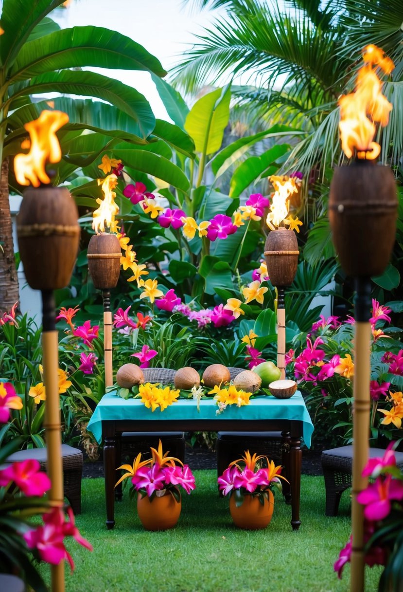A lush garden with vibrant tropical flowers and a table adorned with leis and coconuts, surrounded by tiki torches and ukulele music