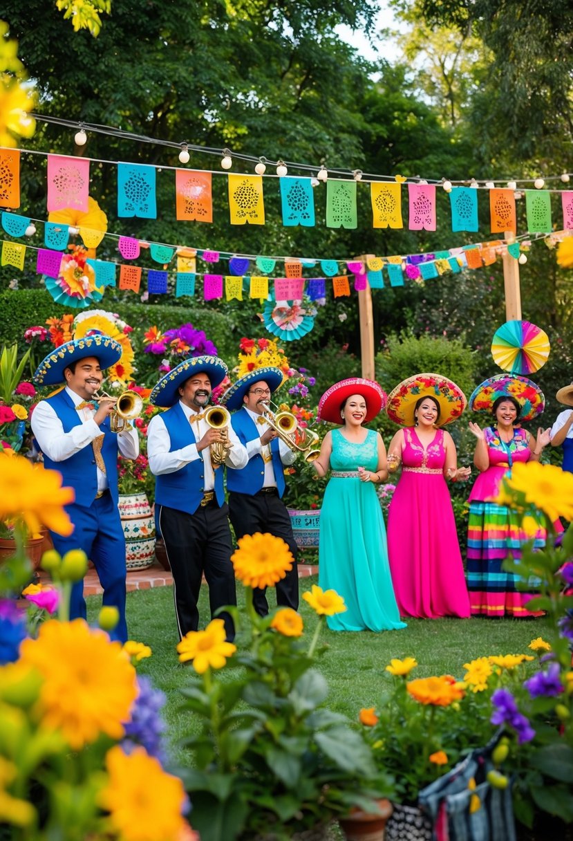 A colorful garden party with a Mexican fiesta band playing lively music, surrounded by travel-themed decor and vibrant flowers