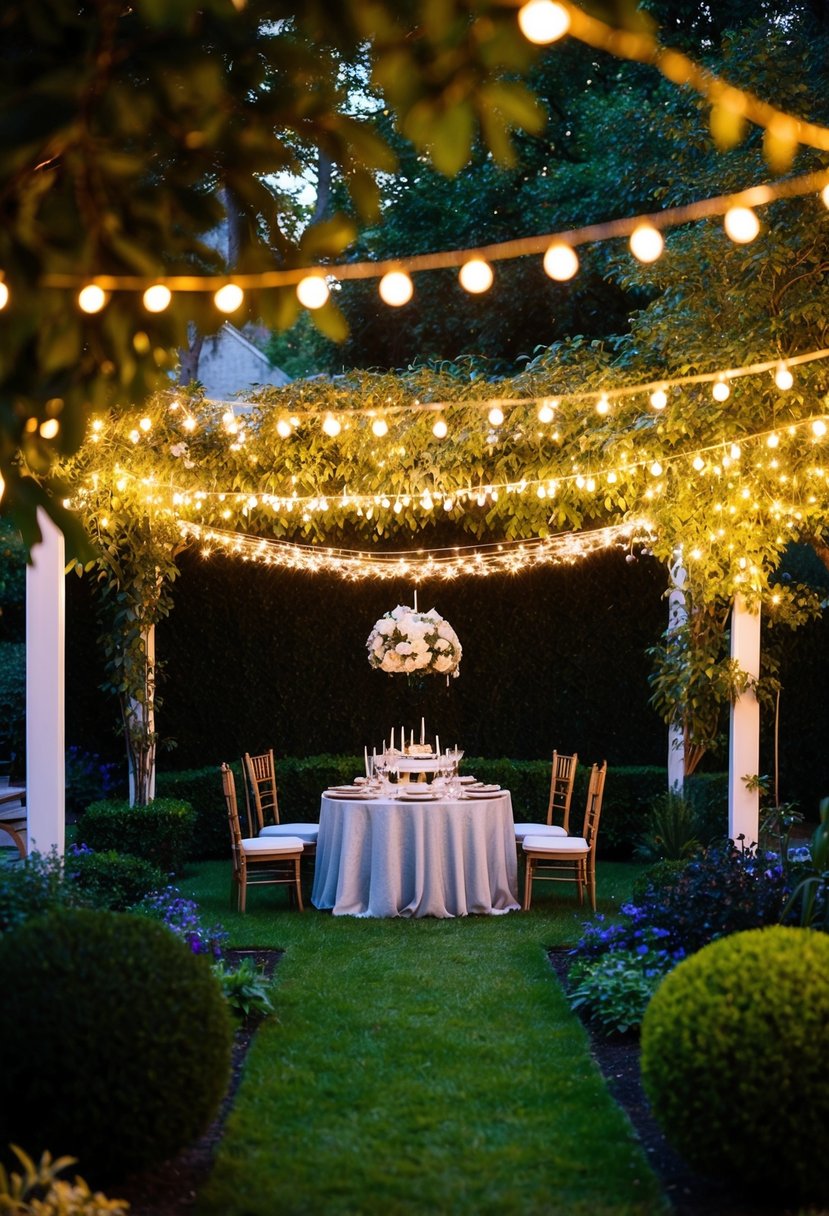 A lush garden glows with twinkling string lights, creating a magical ambiance for a 5th birthday party