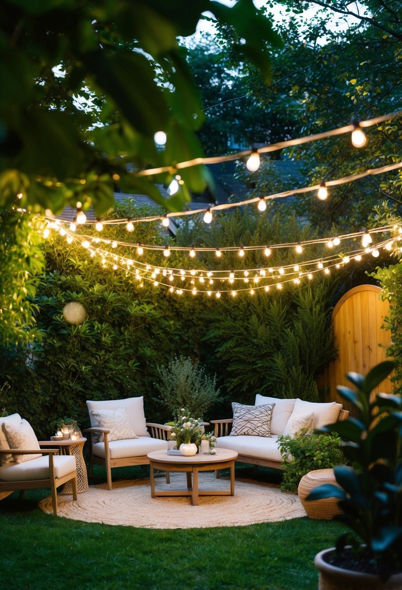 A garden adorned with string lights, cozy seating, and lush greenery sets the scene for a magical outdoor party