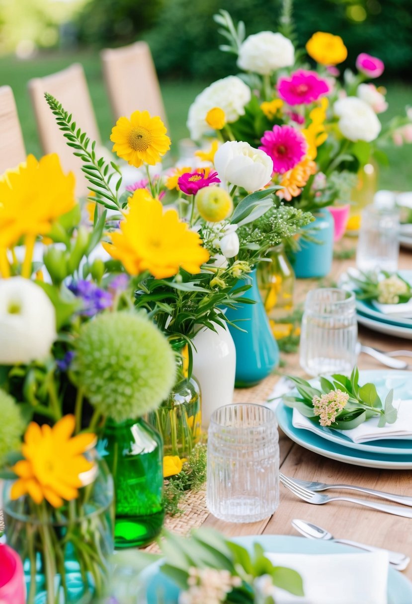 A table set with fresh flowers, vases, and greenery. Bright colors and natural textures create a cheerful and inviting atmosphere for a garden party