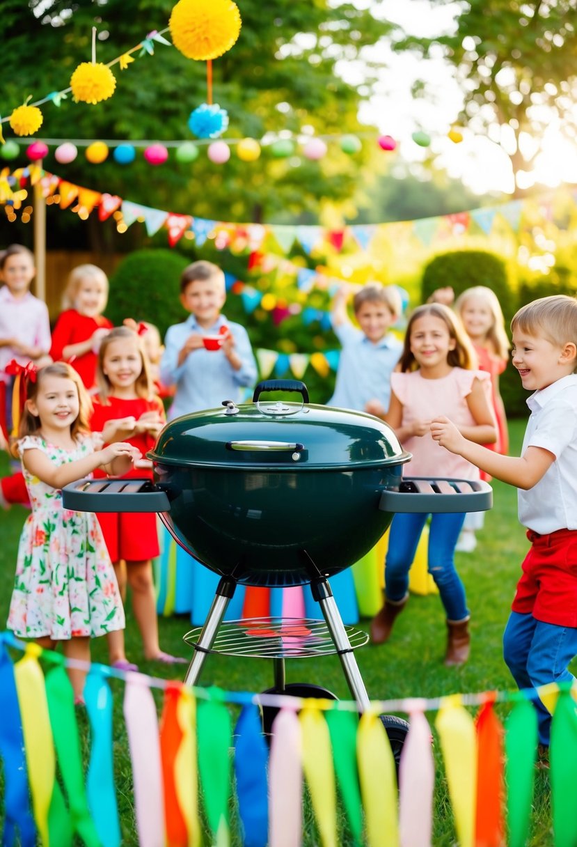 A colorful garden party with a barbecue grill as the centerpiece, surrounded by festive decorations and happy children playing