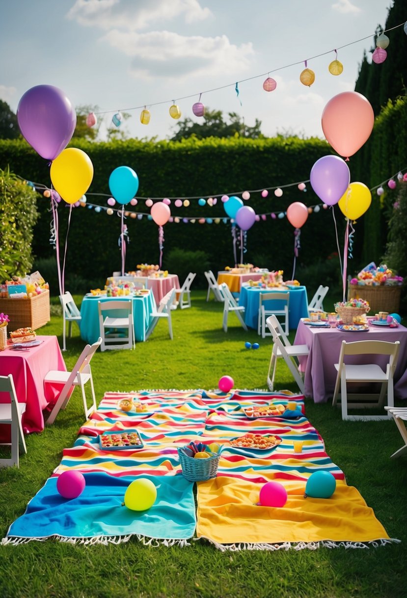 Colorful picnic blankets spread across a lush garden, adorned with balloons and surrounded by tables filled with treats and games