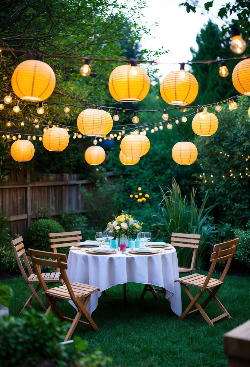 A garden adorned with lantern string lights for a 5th birthday party