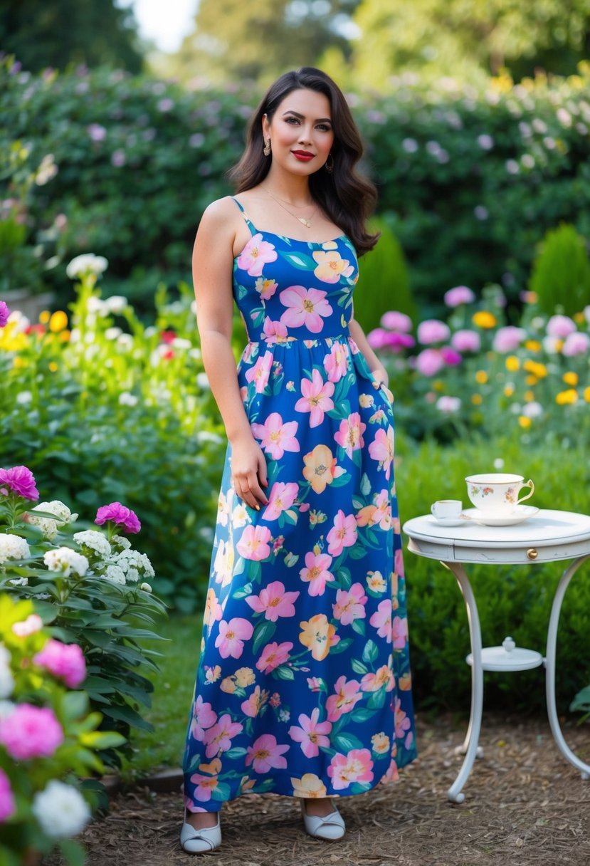 A woman wearing a 90s-style floral maxi dress stands in a garden surrounded by blooming flowers and greenery, with a vintage teacup and saucer on a table nearby