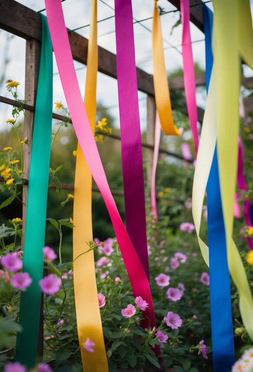 Colorful satin ribbon streamers flutter in the breeze, weaving through garden trellises and dancing among blooming flowers