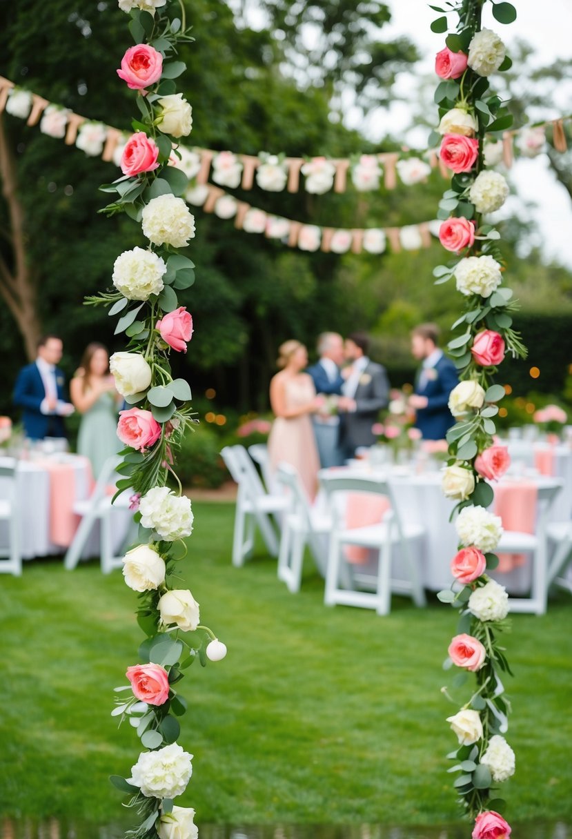 A garden party scene with floral garland accents adorning ribbons and decorations