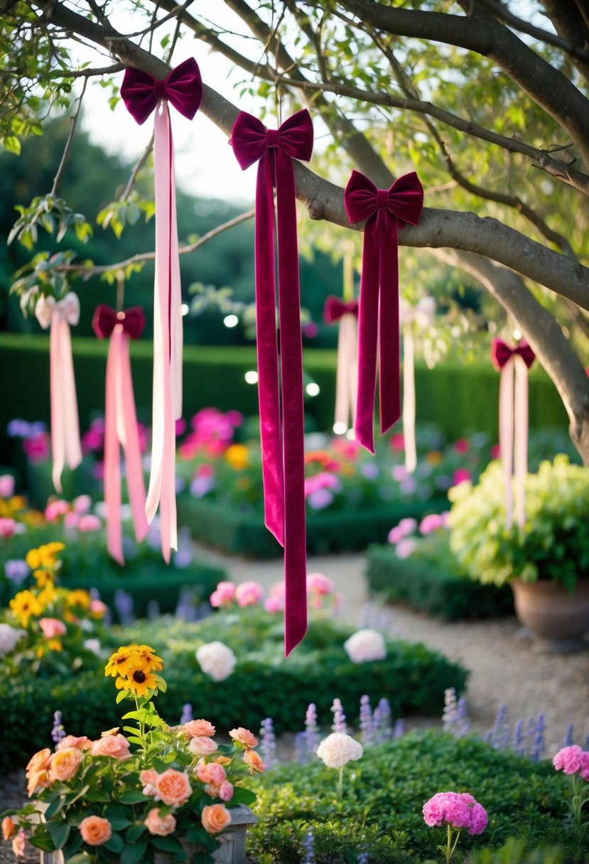 A garden adorned with velvet ribbon bows, hanging from tree branches and wrapped around flower beds, creating a whimsical and elegant atmosphere