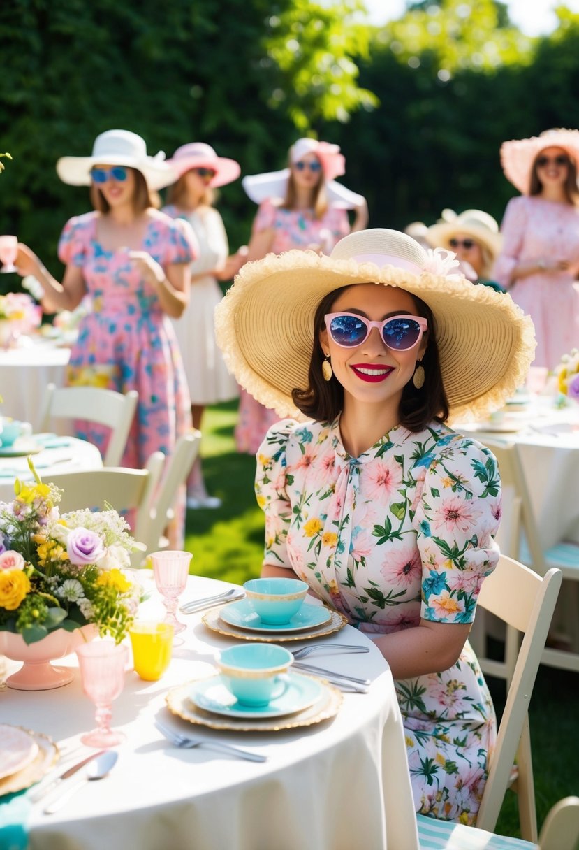 A garden party scene with vintage 90s sunglasses, floral dresses, and wide-brimmed hats. Tables adorned with tea sets and pastel-colored decorations. Sunshine and greenery in the background