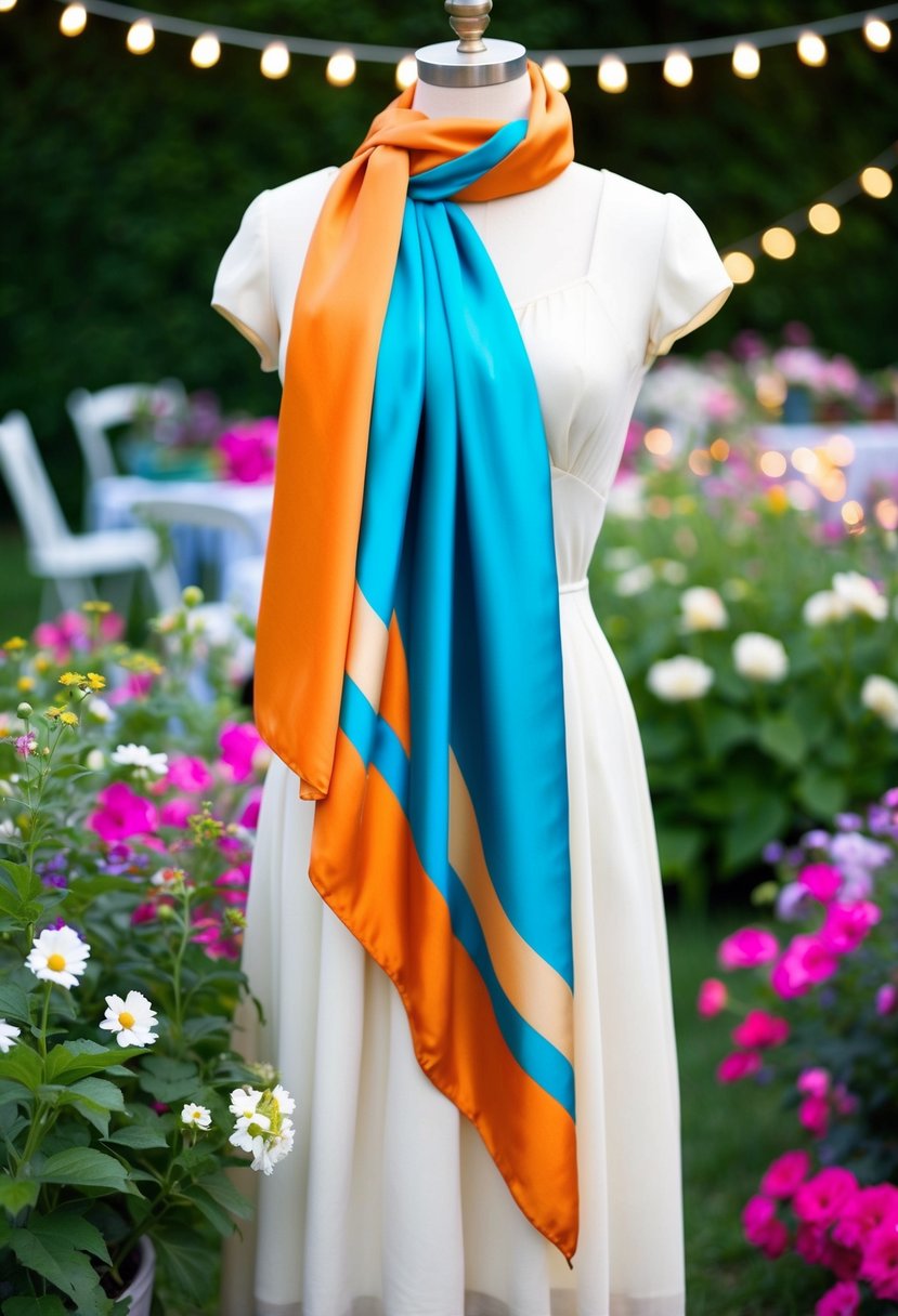 A colorful silk scarf drapes over a vintage dress amidst blooming flowers and twinkling fairy lights in a 90s-style garden party setting
