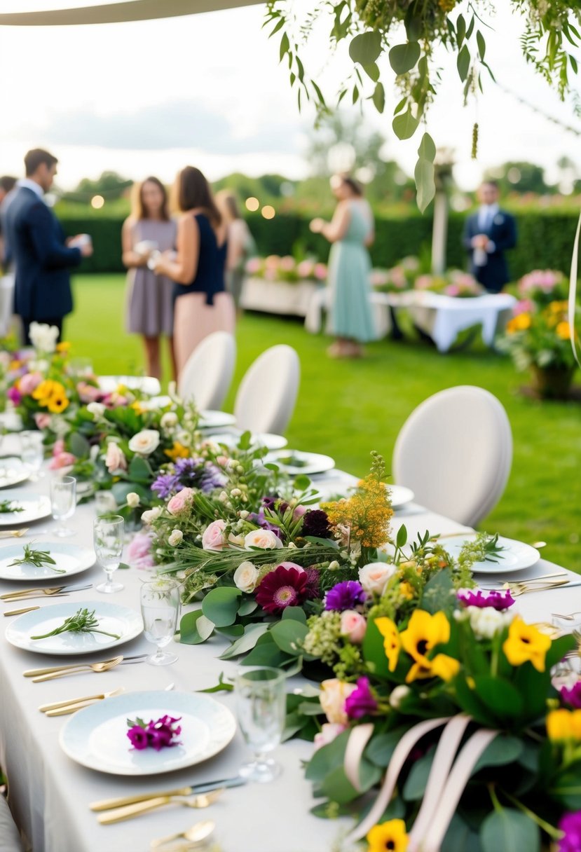 A table with assorted flowers, greenery, and ribbons set up for guests to create their own flower crowns at a garden party