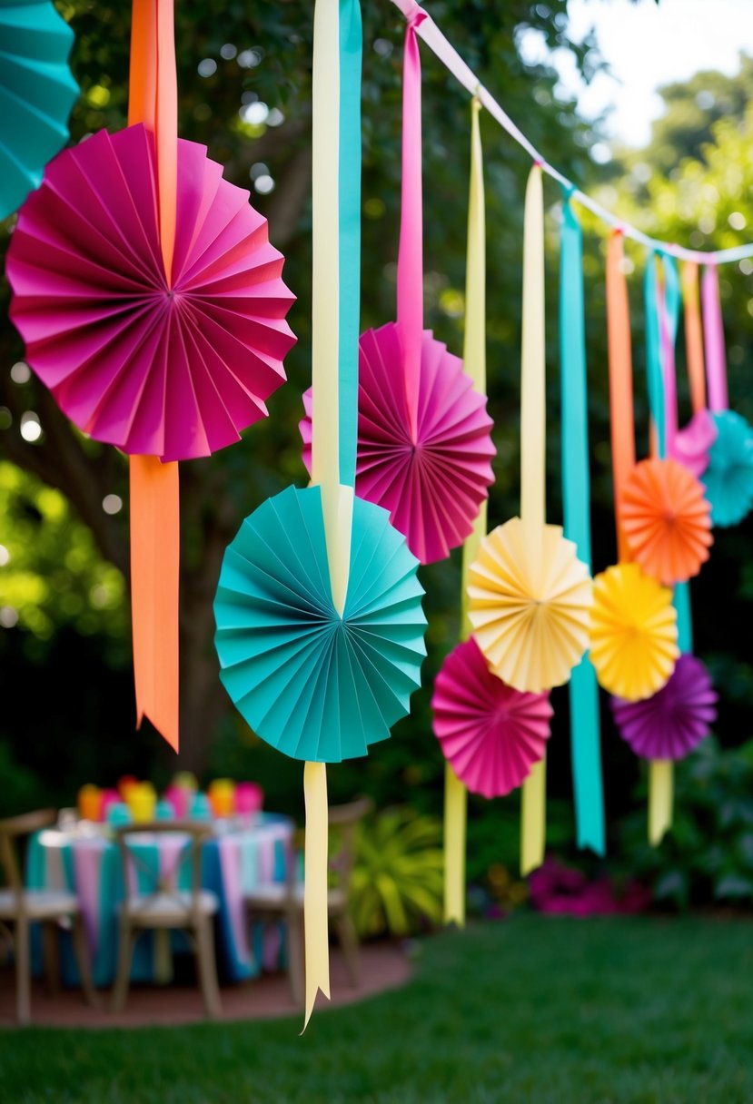 Colorful paper rosettes hang from ribbons in a lush garden setting, creating a vibrant backdrop for a festive outdoor party