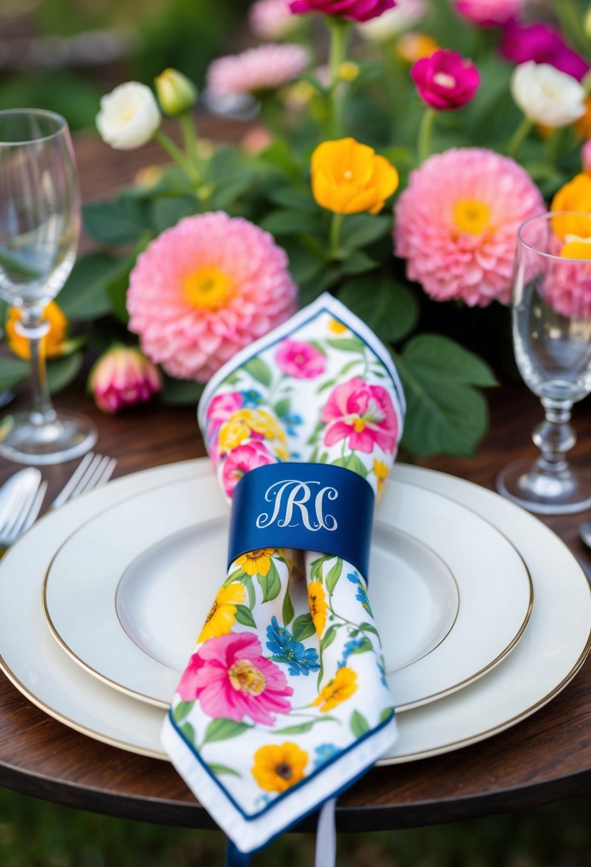 A table set with floral napkins and monogrammed ribbon napkin rings, surrounded by blooming garden flowers