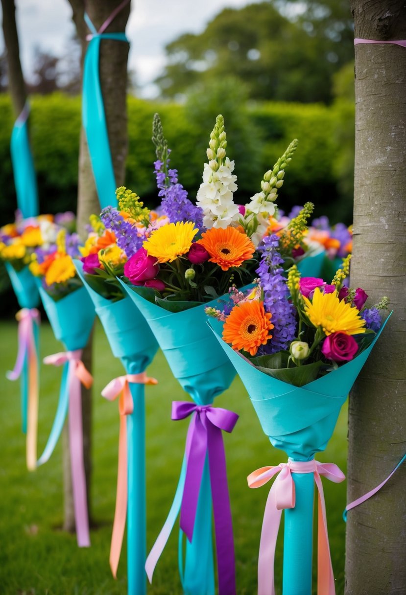Colorful flower bouquets wrapped in ribbons, arranged in a garden party setting with ribbons tied around trees and posts