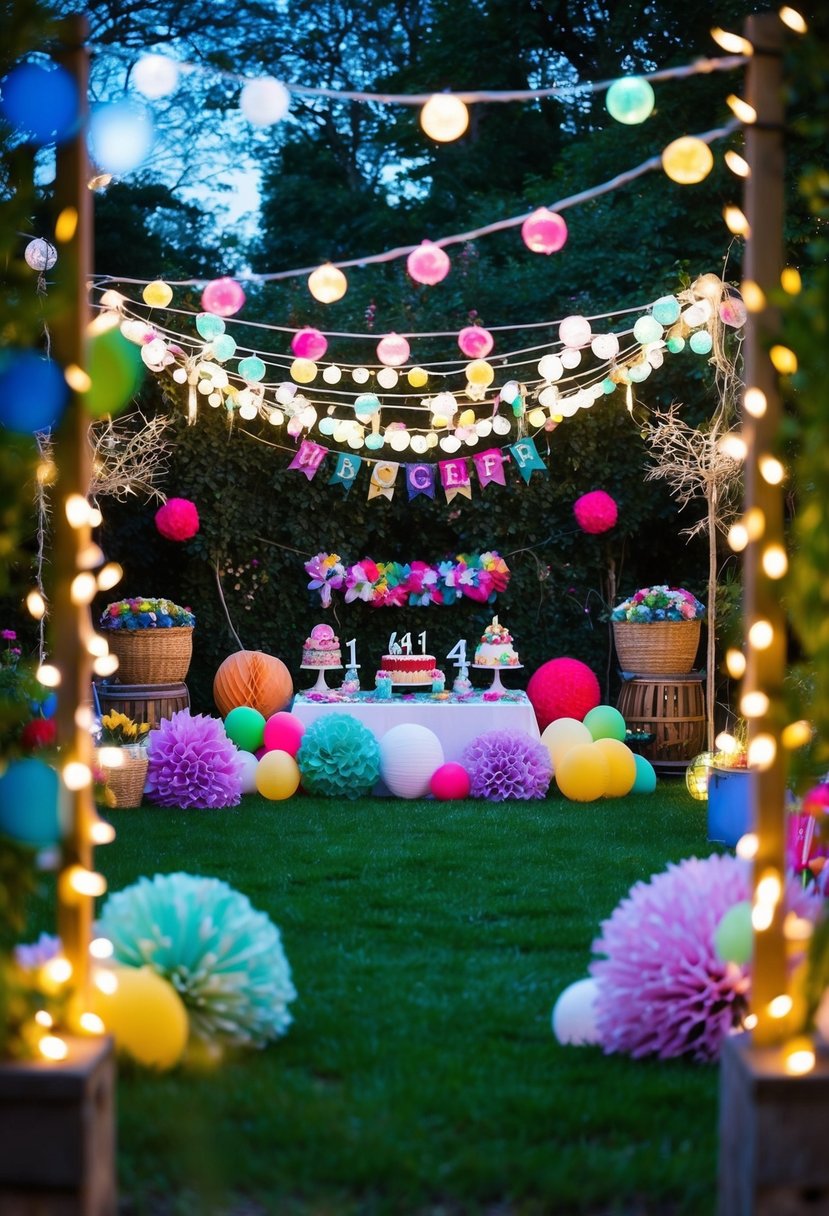 A garden filled with twinkling fairy lights, colorful decorations, and a whimsical atmosphere for a first birthday celebration