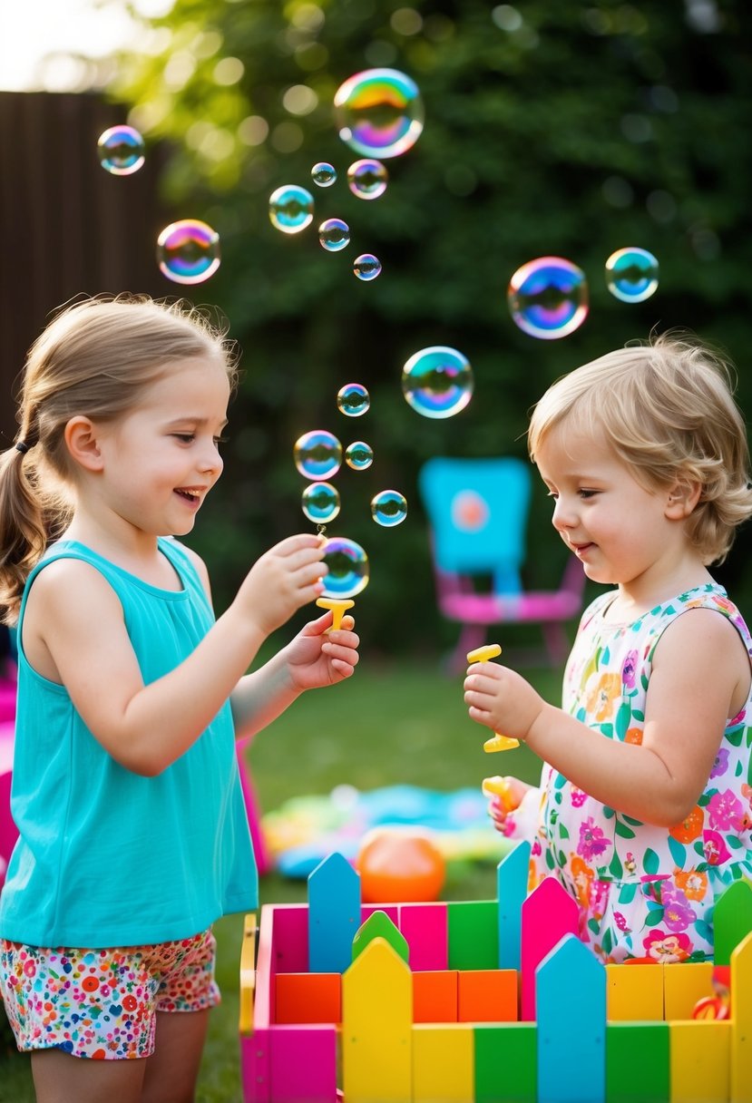 Children play with bubbles in a colorful garden party setting