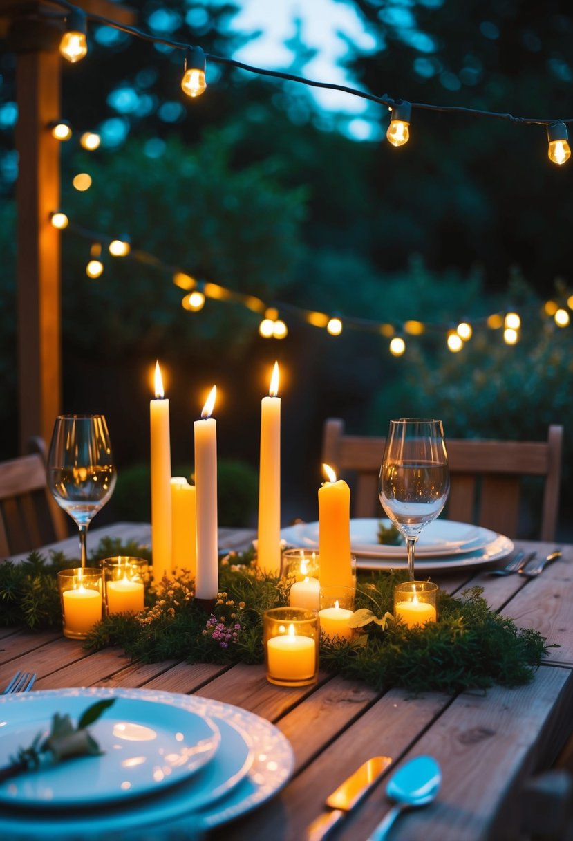 A cozy garden table set with flickering candles and twinkling fairy lights, creating a warm and romantic ambiance for a special dinner for two