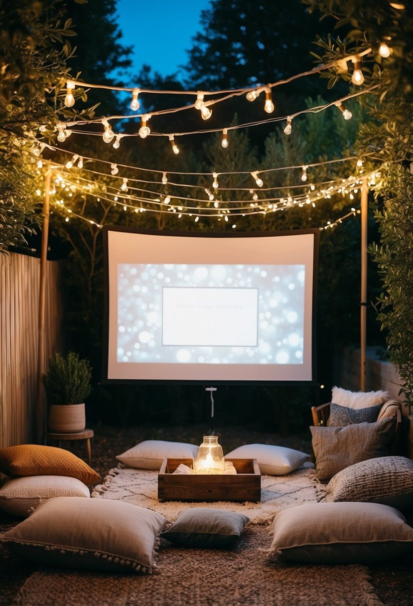 A cozy garden set up with blankets, pillows, and a projector screen under twinkling lights