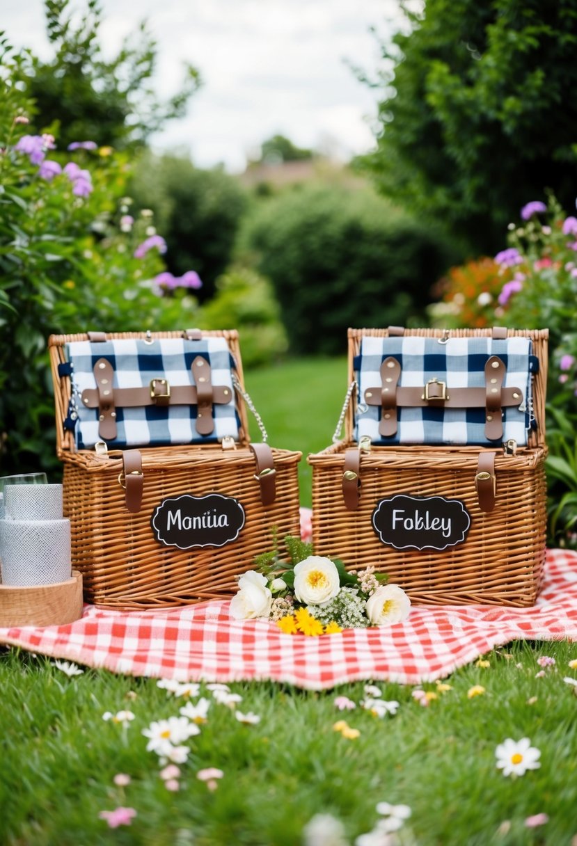 A cozy garden setting with two personalized picnic baskets, a checkered blanket, and scattered flowers