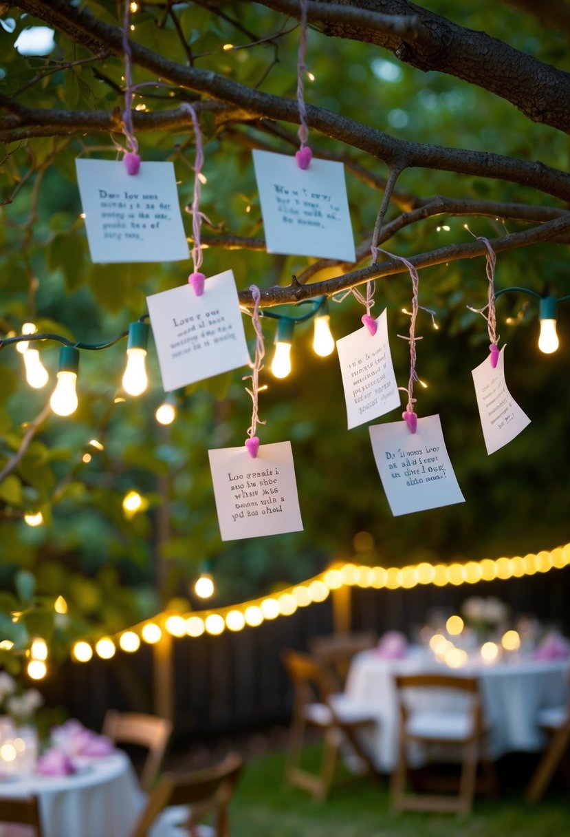 Love notes dangle from tree branches, fluttering in the gentle breeze at an intimate garden party for two. Fairy lights twinkle, casting a warm glow over the cozy setting