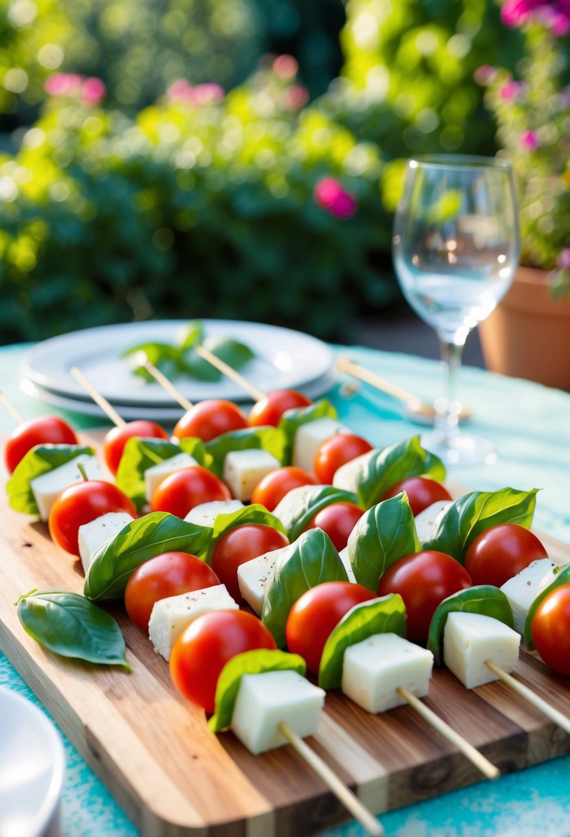 A table spread with Caprese skewers, fresh tomatoes, basil, and mozzarella, set in a vibrant garden setting with dappled sunlight