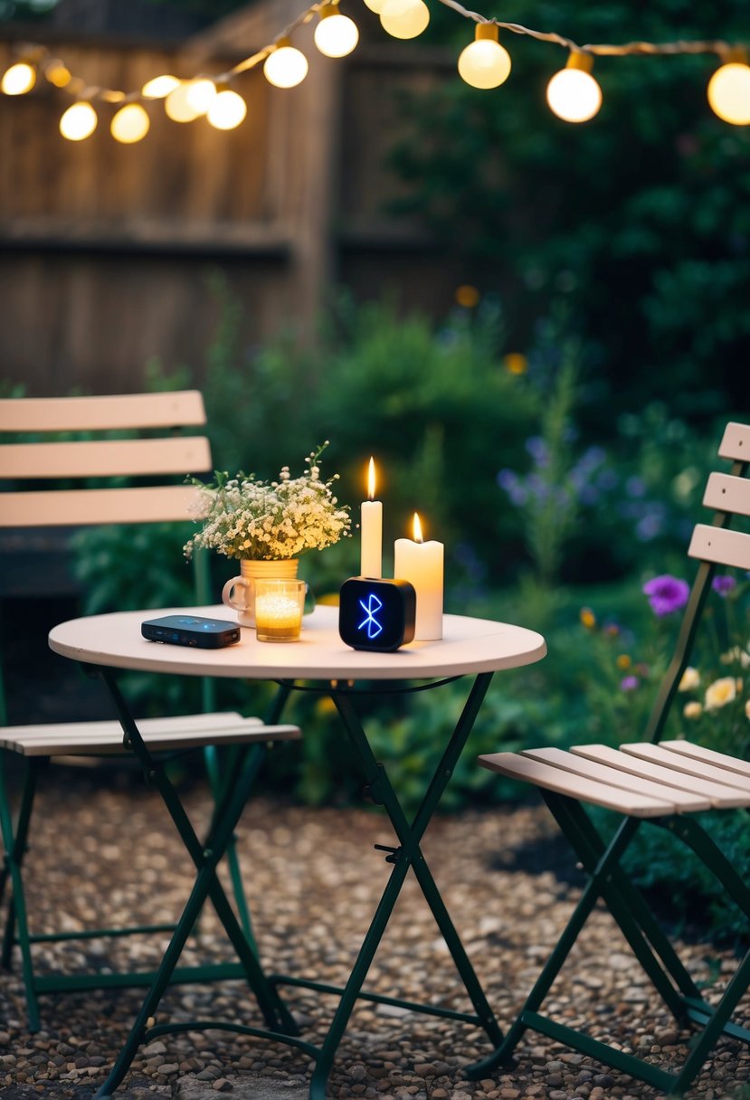 A cozy garden setting with a small table for two, adorned with fairy lights and candles. A portable Bluetooth speaker plays soft music in the background