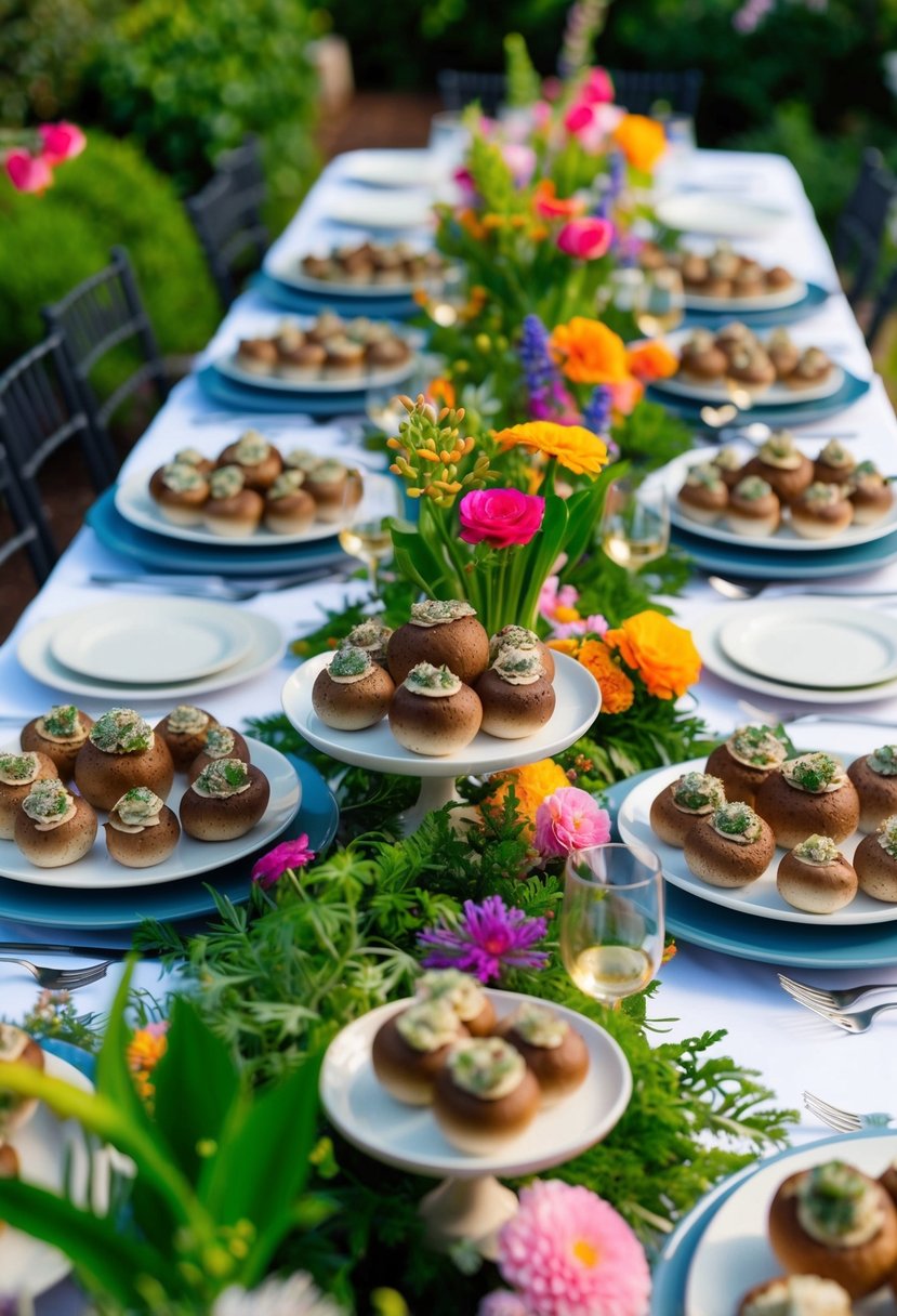 A table adorned with platters of stuffed mushrooms surrounded by lush greenery and colorful flowers, set for a sophisticated garden party
