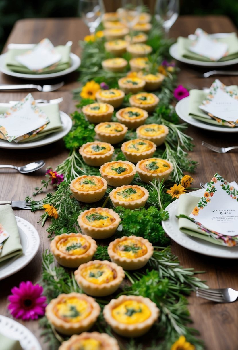 A table set with an array of mini quiches surrounded by fresh herbs and colorful edible flowers, with dainty serving utensils and decorative napkins