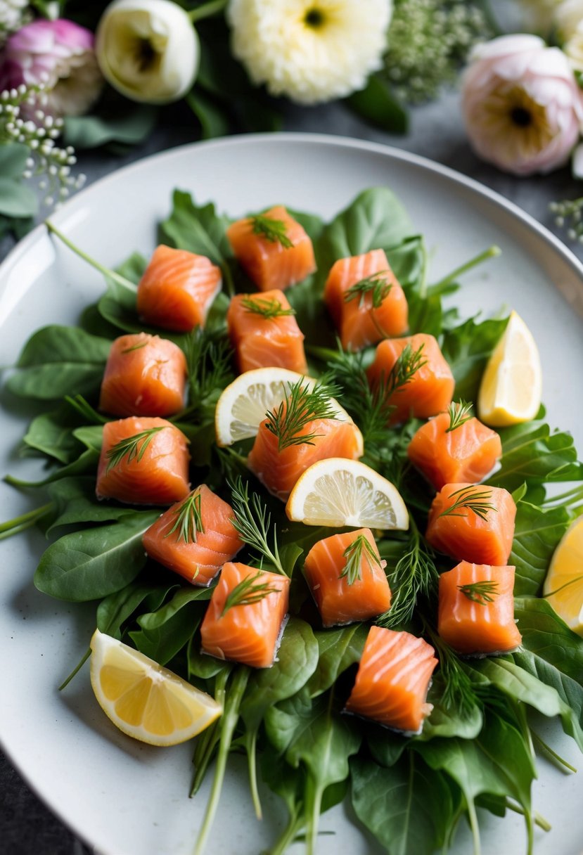 A platter of smoked salmon bites arranged on a bed of fresh greens, garnished with dill and lemon slices, surrounded by delicate floral arrangements