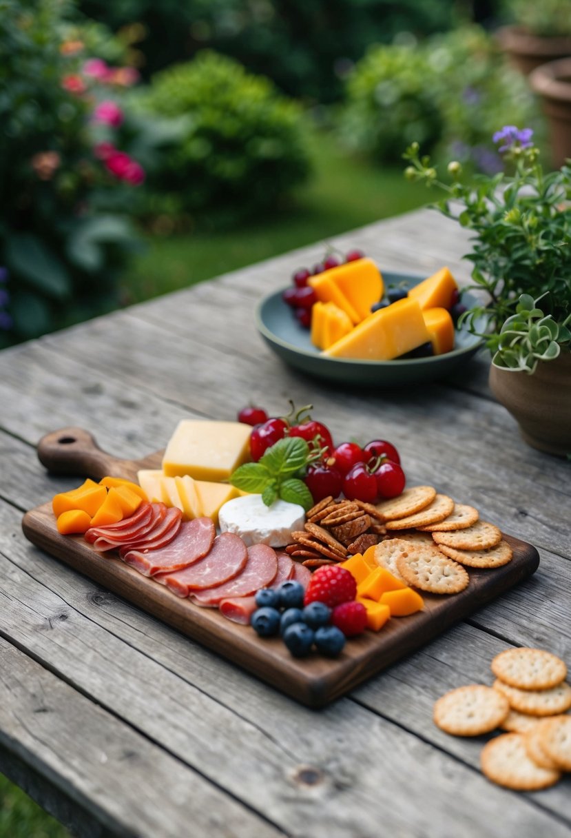 A small wooden charcuterie board with assorted meats, cheeses, fruits, and crackers arranged on a rustic table in a lush garden setting