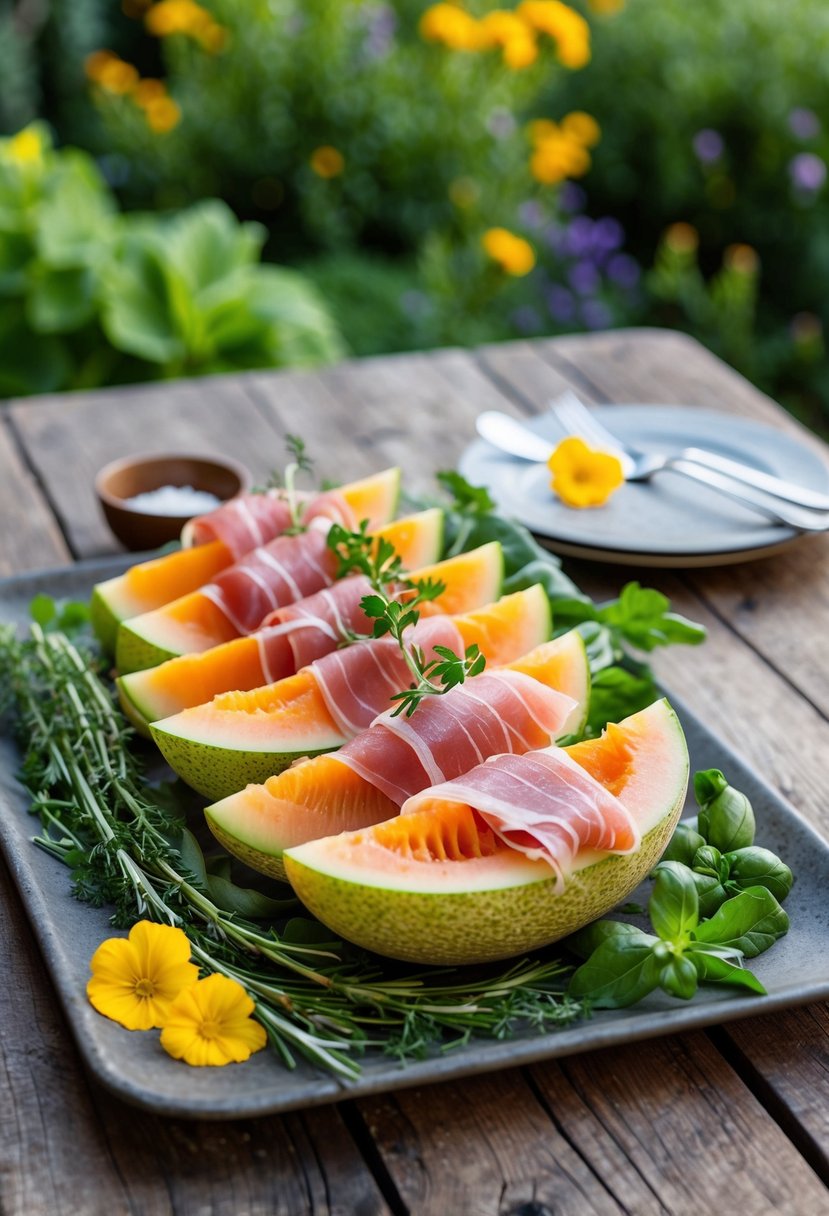 A platter of prosciutto-wrapped melon slices surrounded by fresh herbs and edible flowers on a rustic wooden table in a lush garden setting