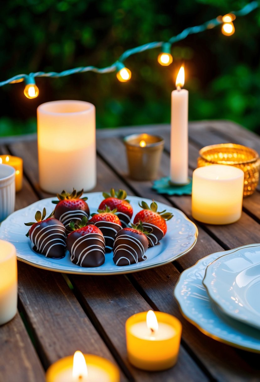 A cozy garden table set with chocolate-dipped strawberries, surrounded by flickering candles and twinkling string lights