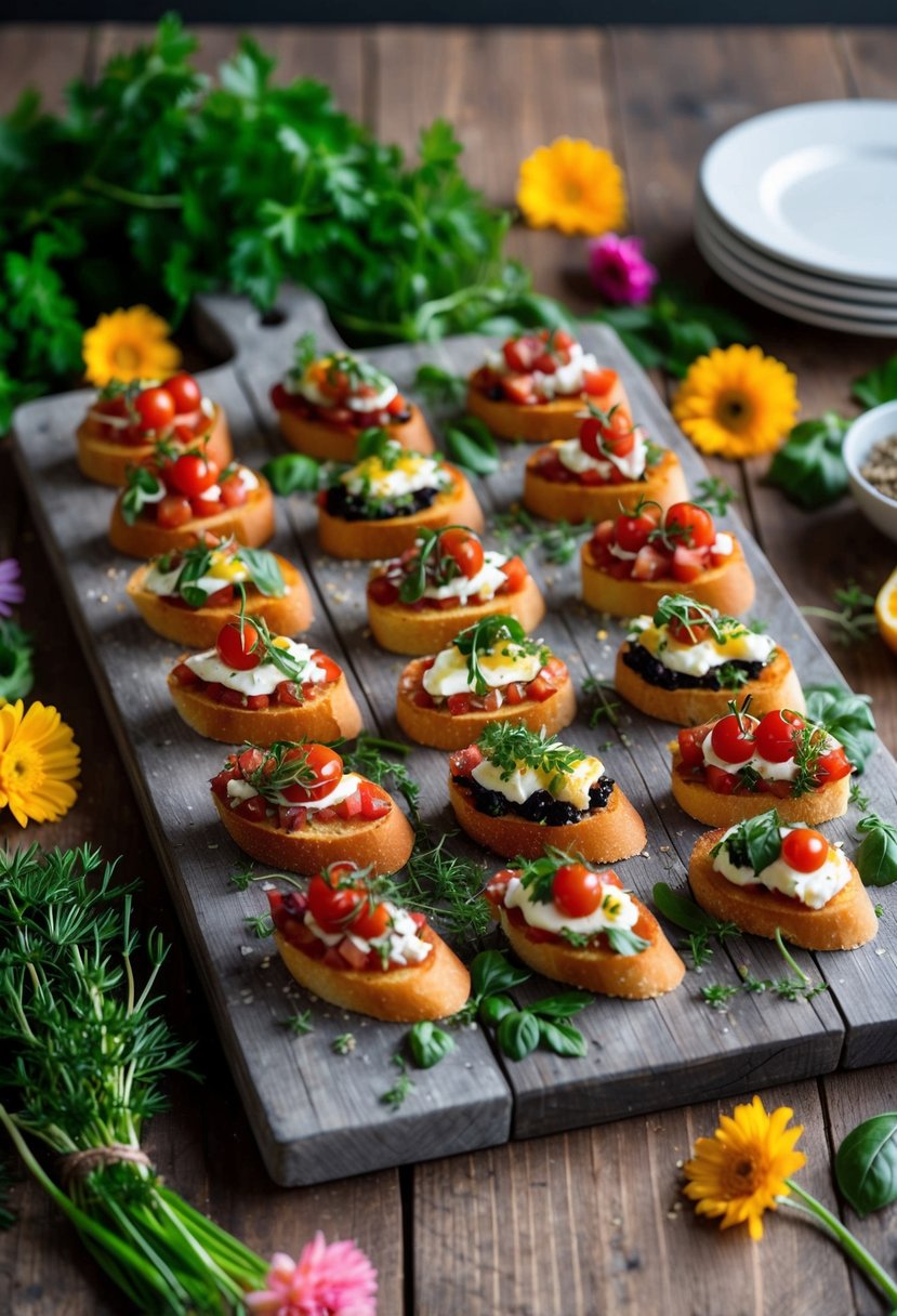 A colorful array of bruschetta toppings spread out on a rustic wooden serving board, surrounded by fresh herbs and flowers