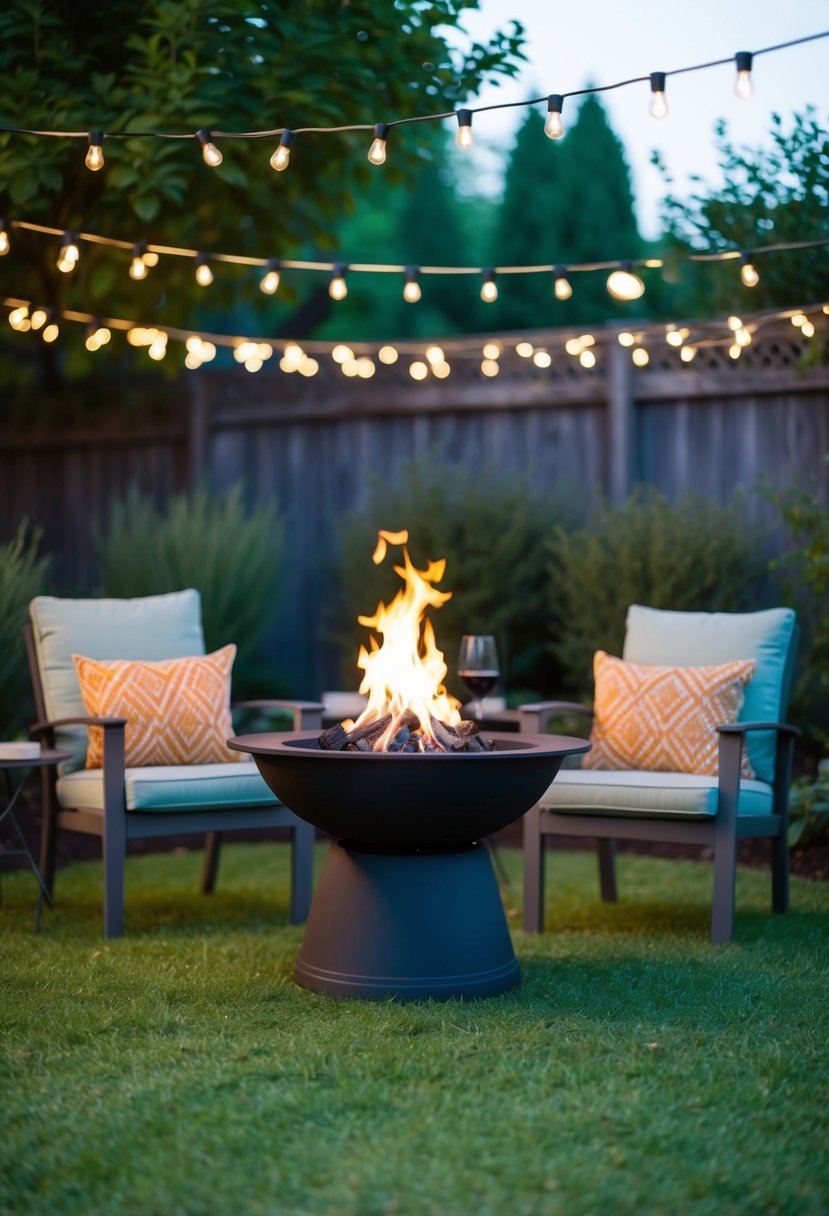 A cozy garden setting with a mini fire pit surrounded by two chairs, a small table, and twinkling string lights overhead
