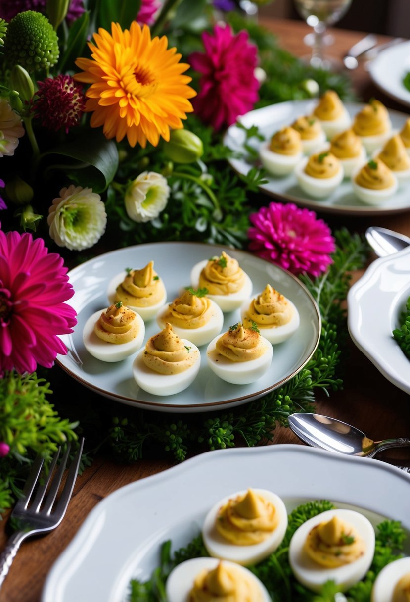 A table set with a variety of deviled eggs surrounded by vibrant flowers and greenery, with elegant serving platters and utensils