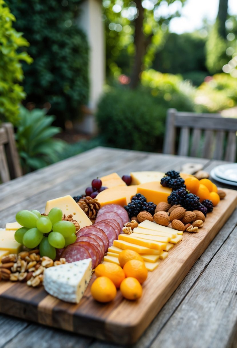 A wooden board adorned with an assortment of cheeses, meats, fruits, and nuts, set on a rustic table in a lush garden setting