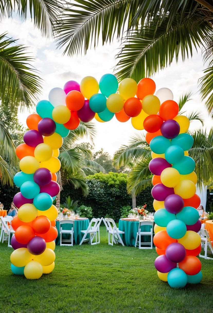 A colorful balloon arch weaves through tropical palm fronds at a garden party