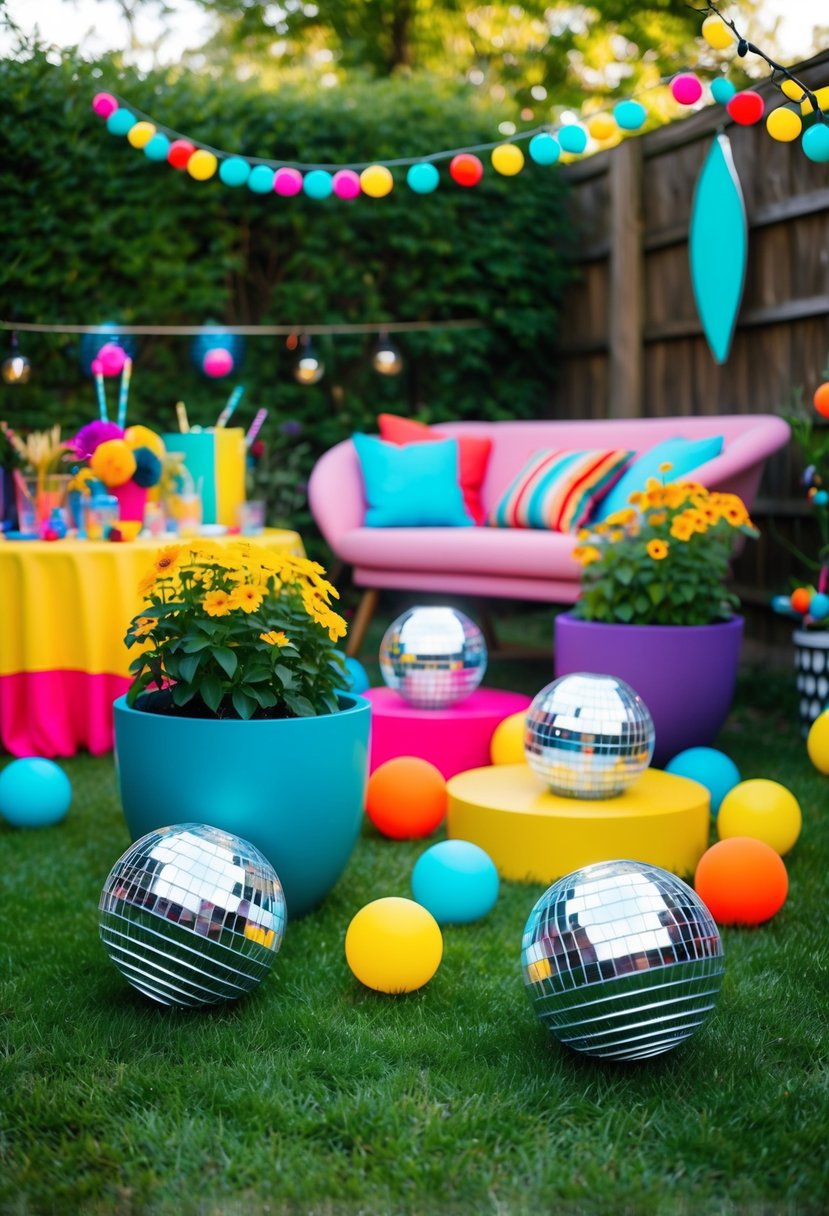 A backyard garden adorned with disco ball planters, colorful lights, and retro decor for a 70s themed party