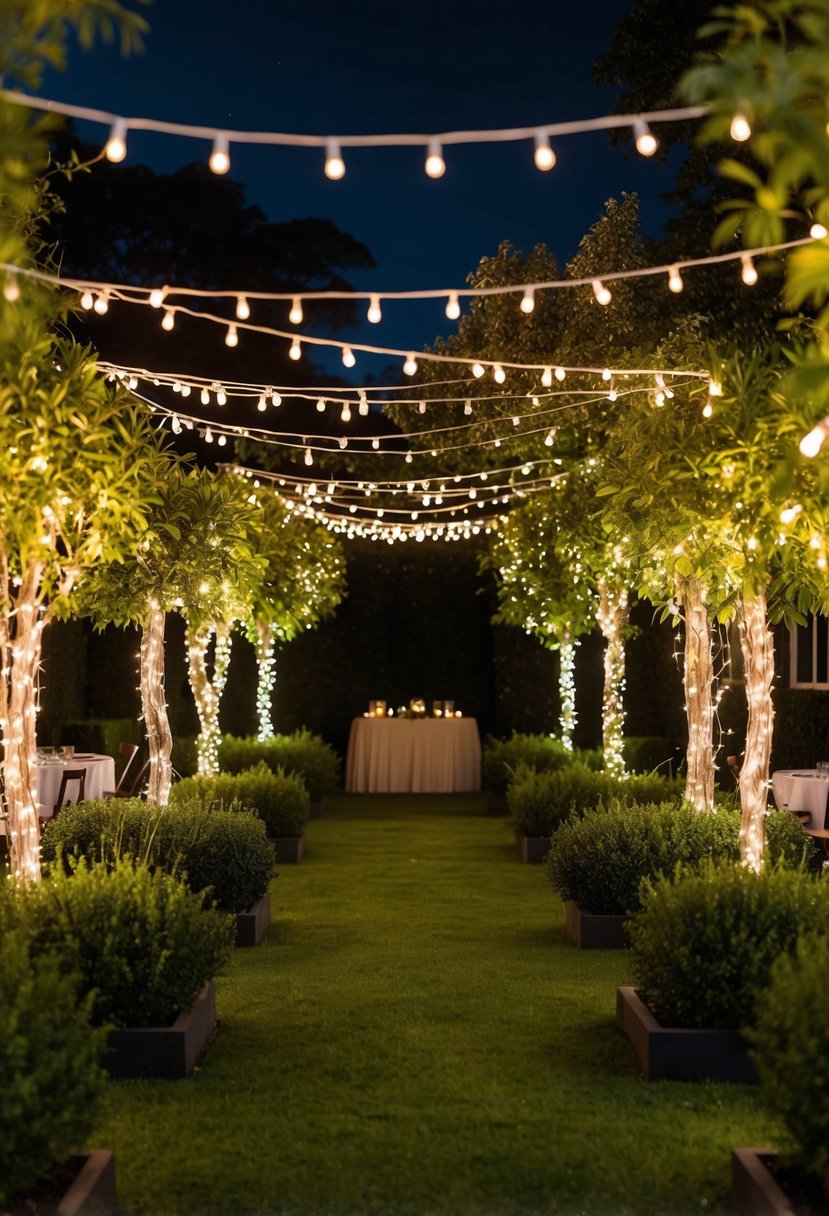 A lush garden at night, adorned with twinkling fairy lights draped over trees and bushes, casting a warm and inviting glow over the outdoor party space